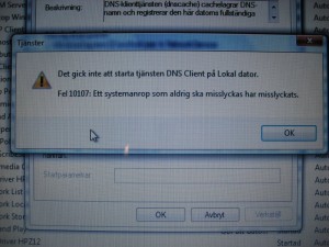 Det gick inte att starta tjänsten DNS Client på Lokal dator. Fel 10107: Ett systemanrop som aldrig ska misslyckas har misslyckats 